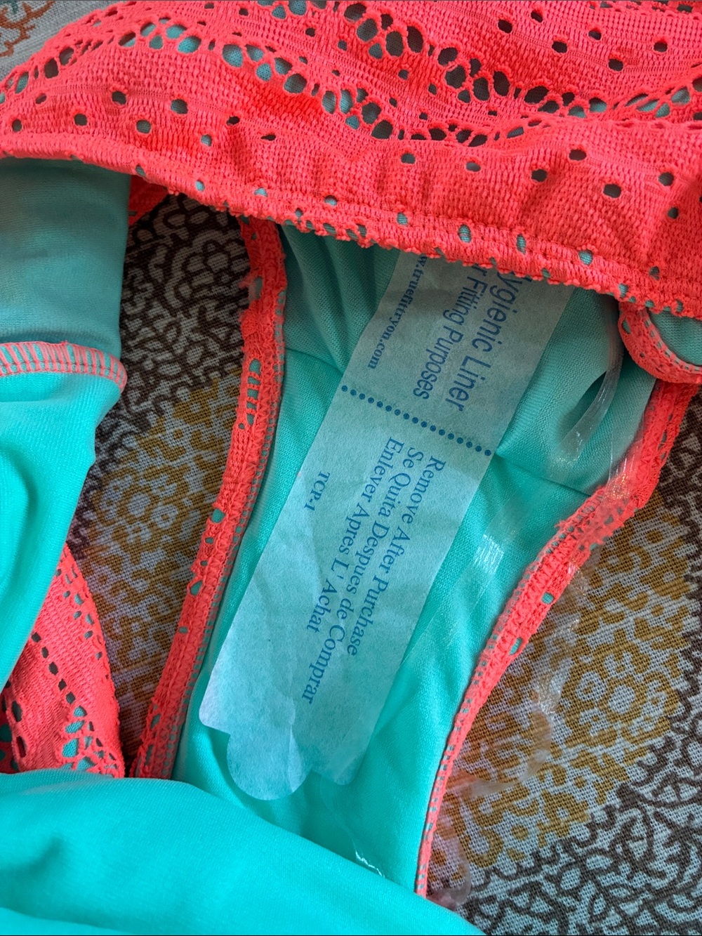 No Boundaries Size 11/13 Neon Coral Crochet One-Piece Swimsuit with Mint Trim - Picture 11 of 15